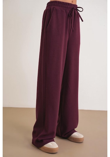 4757 Kadın Lastikli Bol Paça Örme Dökümlü Selanik Pantalon Mürdüm Mürdüm