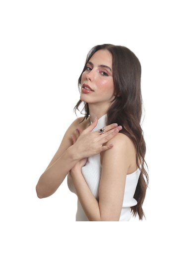 Labalaba Kadın Lak Gümüş Renk Kaplama Doğaltaşlı Ayarlanabilir El Yapımı Tasarım Yüzük Gümüş - Siyah