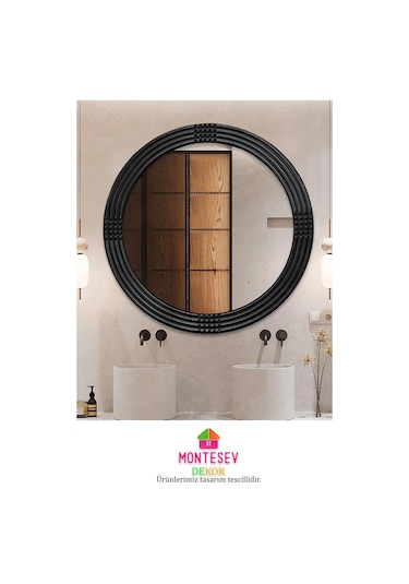 Safir Siyah Dekoratif Ayna Yuvarlak Işlemeli Duvar Aynası 43 Cm Siyah