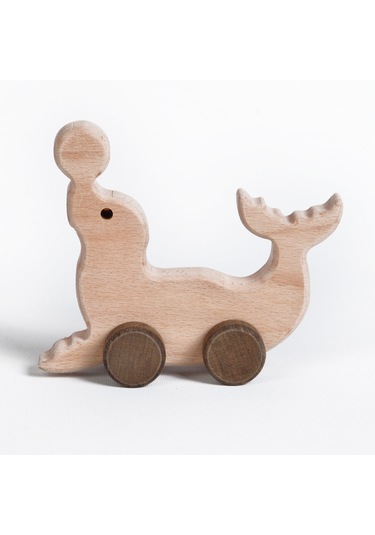 Ahşap El Yapımı Doğal Montessori Yunus Balığı Tekerlekli Oyuncak