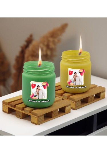 Bk Gift Kişiye Özel Dtf İsimli Fotoğraflı 2 Li Yeşil Ve Sarı Renkli Cam Kavanozda Kokulu Mum-1, Arkadaşa Hediye, Sevgiliye Hediye