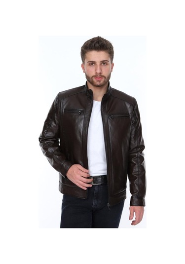 Hakiki Kuzu Derisi Fermuarlı Slim Fit Erkek Deri Ceket Kahverengi Kahverengi