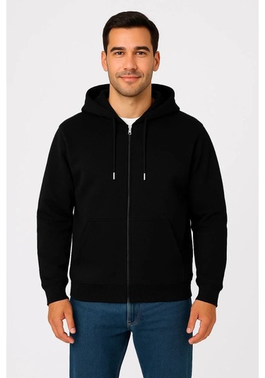 Erkek Üç İplik Kapüşonlu Tam Fermuarlı Kanguru Çepli Sweatshirt Hoodie - Siyah Siyah
