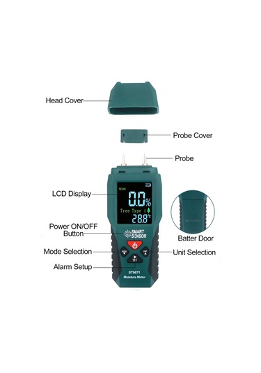 Springsun Smart Sensor 4 Modlu İğne Tipi Nem Ölçer Cep Boyu Lcd Ekranlı Ahşap, Bambu, Kağıt, Bitkiler