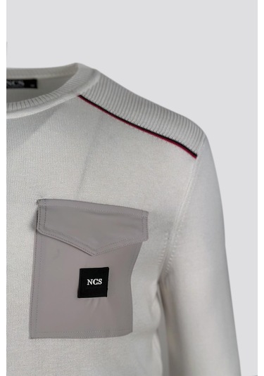 Erkek Triko Bisiklet Yaka Cep Detaylı Beyaz 3753 Gri