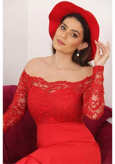 Dipmoda Kadın Yeni Sezon Eteği Kat Kat Dantel Detaylı Midi Abiye Elbise Swll03 Kırmızı