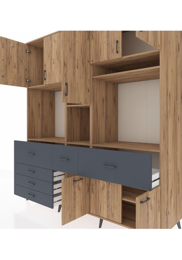 Kronos Dolap 10 Raflı 6 Çekmeceli 8 Kapaklı 220x59x243 Çam-çam/antrasit Atlas Çam/antrasıt