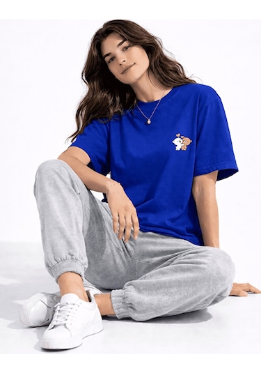 Sevgili Kombini Ayıcık Baskılı Çift Tişört Oversize Unisex Partne Lacivert
