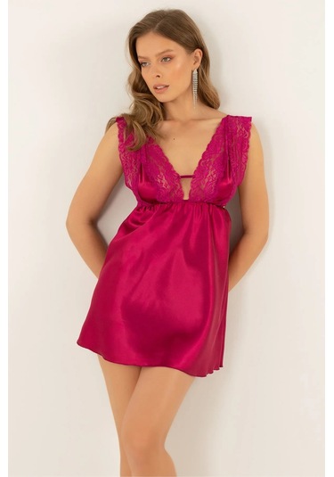 Faryanight Saten Dantelli Açık Sırt Detaylı Kalın Askılı Gecelik Burganya Bordosu Bordo