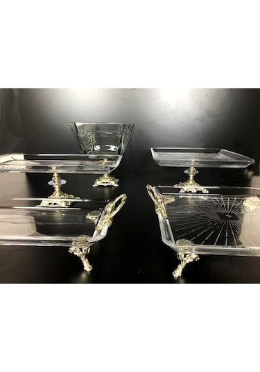 Elta Collection 5 Parça Gümüş Döküm Ayaklı Sunumluk Set Pasta Kurabiye Tatlı Servis Tabağı Gümüş