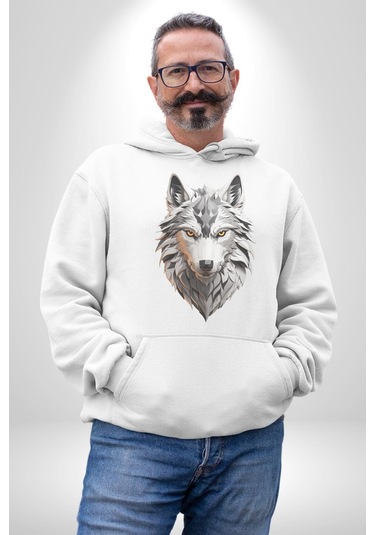 Beyaz Kurt Kafası Kadın Erkek Beyaz Kapüşonlu Sweatshirt Hoodie Beyaz