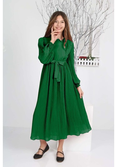 Kız Çocuk Uzun Boydan Pliseli Şifon Elbise Zümrüt