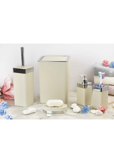 Novahub Akrilik Gümüş Çizgi Krem Rengi 5'li Soft Kare Banyo Takımı Seti Krem Krem