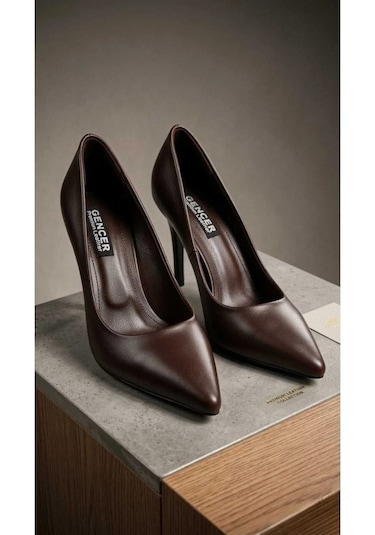Gencer Leather Hakiki Deri Stiletto Ayakkabı Kahverengi Kahverengi