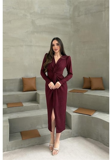 Neşeli Butik Kadın Bordo Anvelop Büzgülü Simli Premium Midi Elbise Nbelb08 Bordo