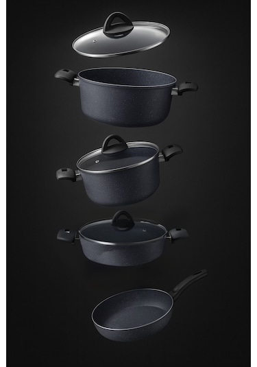 7 Parça Almeria Gri Granit Dik Tencere Ve Tava Seti 20 Cm 2.5l, 24 Cm 4.5l, 26 Cm 3l, 26 Cm Tava Lacivert