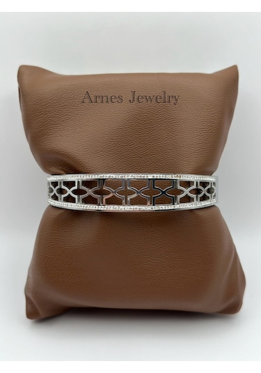 Arnes Jewelry Çelik Silver Zirkon Taşlı Kelepçe Bileklik Ar14 Silver