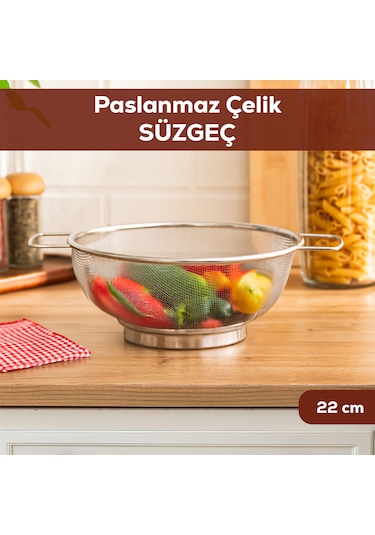 Porsima İvory Kulplu Paslanmaz Çelik Süzgeç Mutfak Eleği Meyve Ve Sebze Yıkama Aparatı Kevgir 22cm Paslanmaz Çelik