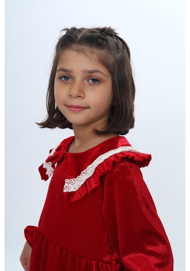 Toontoy Kız Çocuk Yaka Detaylı Fırfırlı Elbise Kırmızı