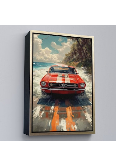 Ahşap Çerçeveli Kırmızı Mustang Tablo-7910