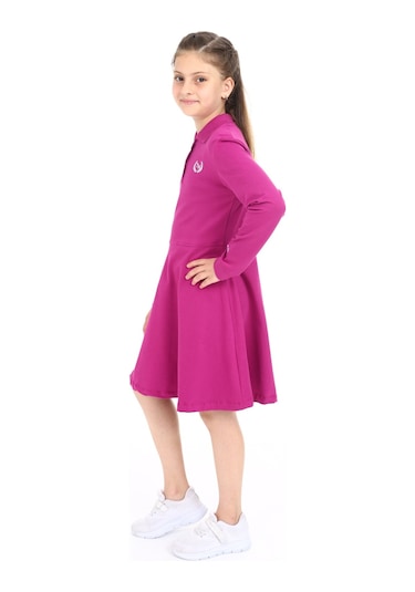 Toontoy Kız Çocuk Polo Yaka Çıtçıtlı Göğsü Baskılı Elbise Mürdüm