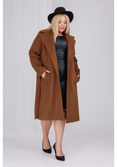 Kadın Kahve Yün Kaşe Kemer Ve Astar Detay Büyük Beden Kaban Kahverengi