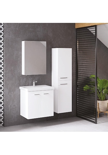 Denko Terra 60 Cm Mdf Beyaz Banyo Dolabı Takımı + Boy Dolabı Beyaz