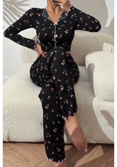 Merry See Baskılı Özel Kumaş Pijama Takımı Siyah