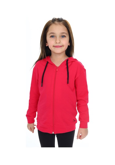 Toontoy Kız Çocuk Kapüşonlu Fermuarlı Cepli Düşük Omuz Nakış Baskılı Örme Hırka - 2 İplik Koyu Fuşya