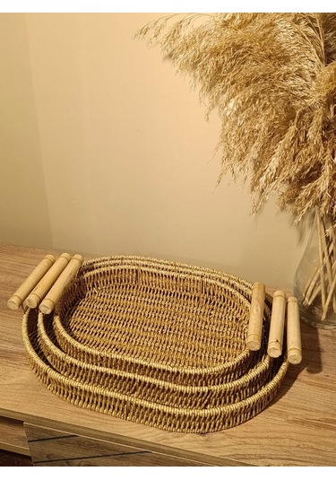 3lü Hasır Rattan Bambu Kulplu Örme Tepsi Organizer Diğer