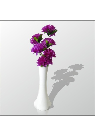 Uzun Fil Ayağı 40 Cm Akrilik Beyaz Vazo Mor Çiçekler