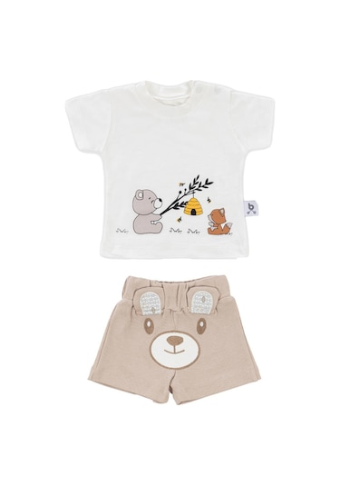 Gezenbebe Hero Kısa Kol Desenli Bebek T-shirt Ve Nakışlı Şort Seti Teddy Organik Çok Renkli