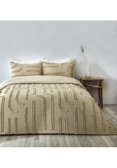 Pamuklu Sasha Kabartmalı Yatak Örtüsü Takımı Günlük Çift Kişilik Boho 3 Parça Elyaf Dolgulu Bej