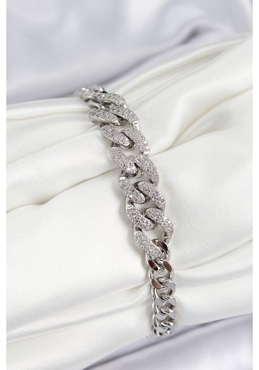 Pirinç Zirkon Taşlı Küba Zincir Model Gümüş Renk Kadın Bileklik - Tj-bb7534 Gümüş
