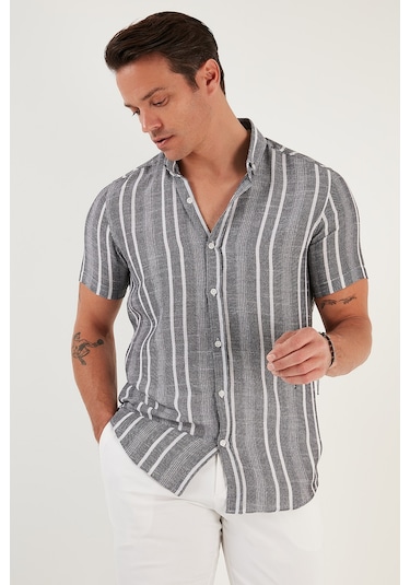 Buratti Çizgili Pamuklu Slim Fit Kısa Kollu Erkek Gömlek Cf23S116097 Siyah