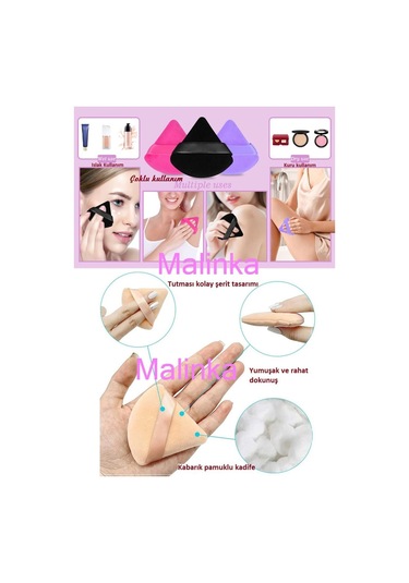 Melien Üçgen Parmak Pamuk Yıkanabilir Kadife Puf Makyaj Süngeri 3'lü