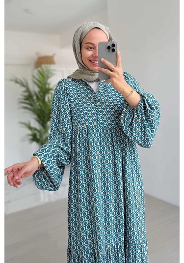 Geometrik Desenli Kuşaklı Elbise - Mavi Mavi