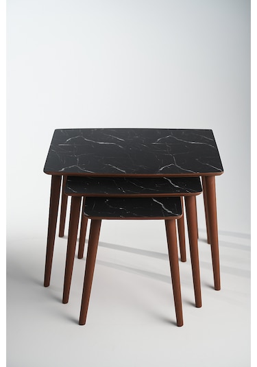 İstanbul Orta Sehpa Ve 3'lü Zigon Sehpa Seti Siyah Mermer Desen