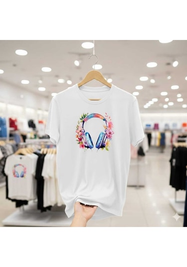 Çiçekli Kulaklık Baskılı Pamuk Kadın T-shirt Beyaz