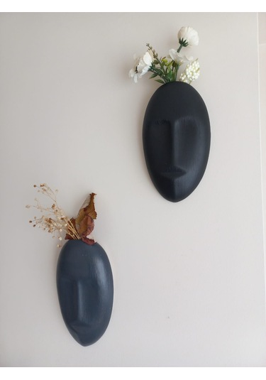 Dekoratif 2'li Yüz Duvar Vazosu, Duvar Süsü ,heykel Aksesuar Siyah Antrasit