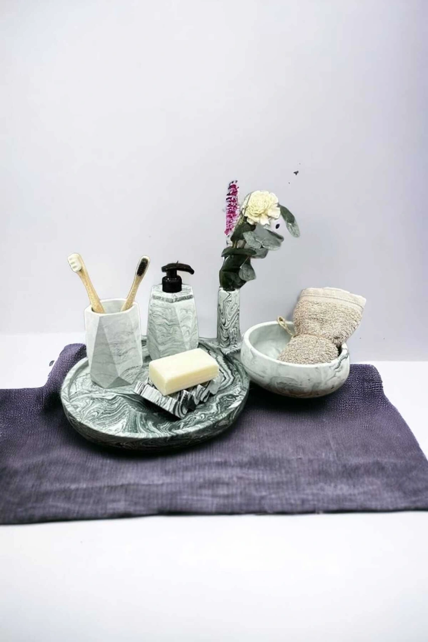 6'lı Mermer Desenli Yeşil Beton Banyo Seti Sıvı Sabunluk Diş Fırçalığı Aksesuar Takım Yeşil