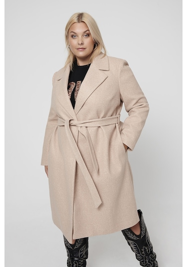 Only Kadın Büyük Beden Caralvılda Düğmeli Ve Belden Bağlamalı Uzun Kaban 15331937 Bej Bej