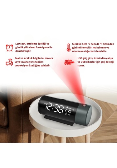 Monozone Projeksiyon Çalar Saat Led Ekran Sıcaklık Göstergeli Yansıtmalı Çift Alarmlı Masa Saati
