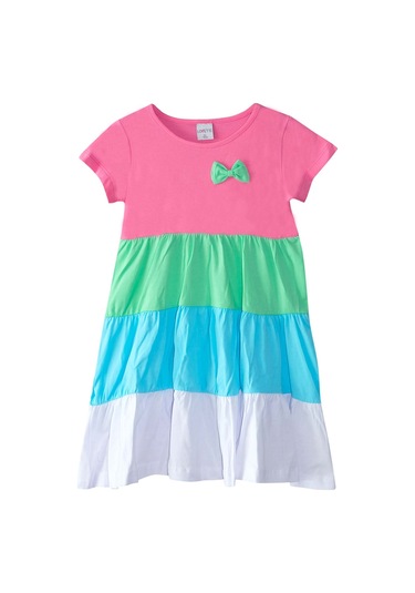 Lovetti Şeker Pembe + Beyaz Kız Çocuk Kısa Kol Fiyonklu Renkli Kat Kat Elbise 9242W097 Pembe - Beyaz