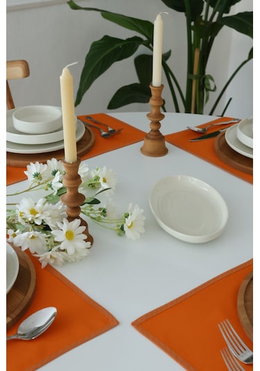 Yakacihome 4'lü Pera Turuncu Biye Detaylı Duck Keten Yıkanabilir, Leke Tutmaz Supla Amerikan Servis Seti Turuncu