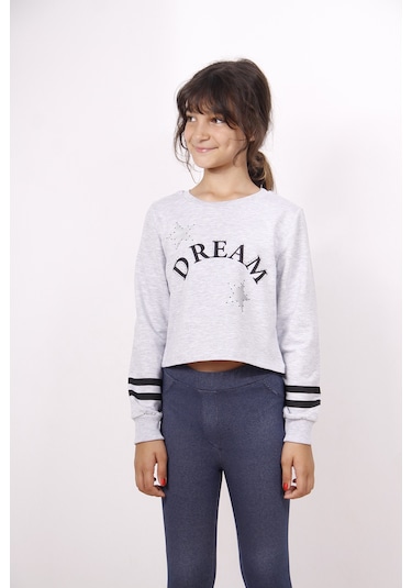 Toontoy Kız Çocuk Yıldızlı Dream Baskılı Sweatshirt Gri Melanj
