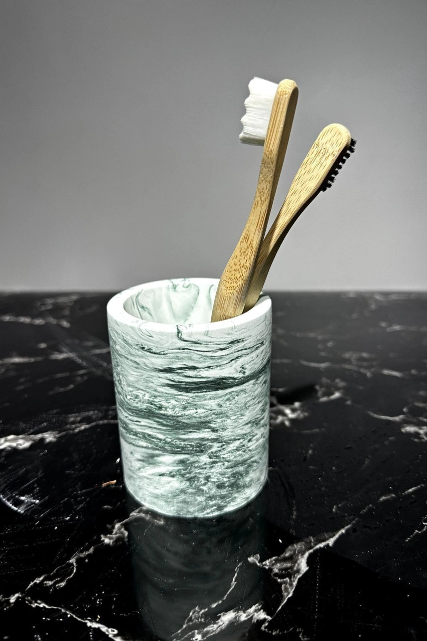 Mermer Desenli El Yapımı Beton Diş Fırçalık Banyo Tuvalet Diş Fırçalığı Yeşil