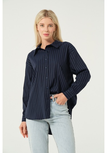 Basic Oversize Çizgili Gömlek Lacivert