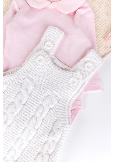 Triko Kışlık 2'li Kız Bebek Salopet Tulum Set Krem