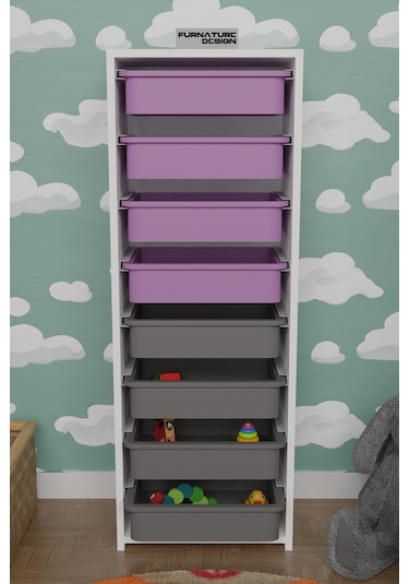 8 Sepetli Çok Amaçlı Oyuncak Mutfak Dolabı - Beyaz-pembe&gri